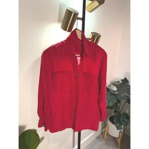 Red 100% Silk vintage luxury Button Down Blouse M/LG easy wear comfort oversized